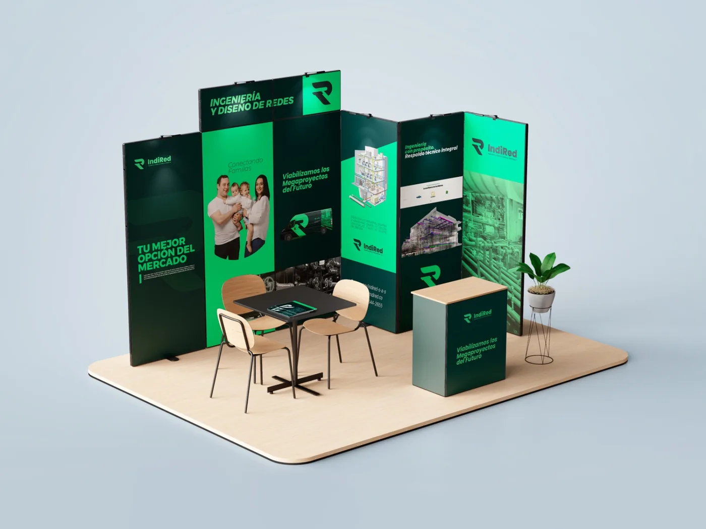 Diseño de stand corporativo modular con exhibidores, mobiliario y aplicación gráfica de marca para evento o feria comercial