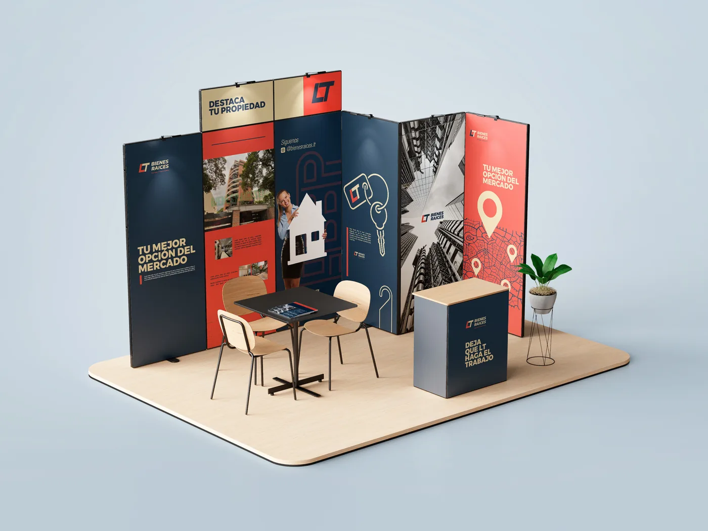 Stand de marca para feria comercial con paneles gráficos, mobiliario, mostrador y elementos de exhibición institucional