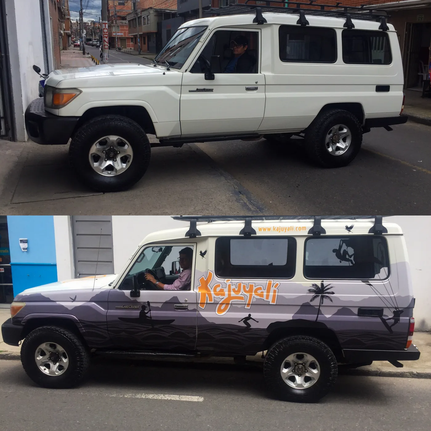 Camioneta blanca antes y después de intervención gráfica con branding de Kajuyali, aplicada sobre laterales y ventanas del vehículo