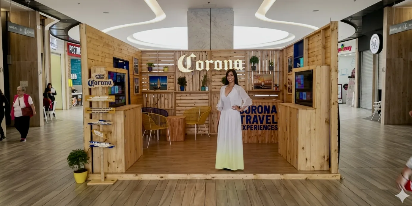 Stand construido en madera para marca de bebidas o consumo, ubicado en centro comercial con mostrador y exhibición de producto