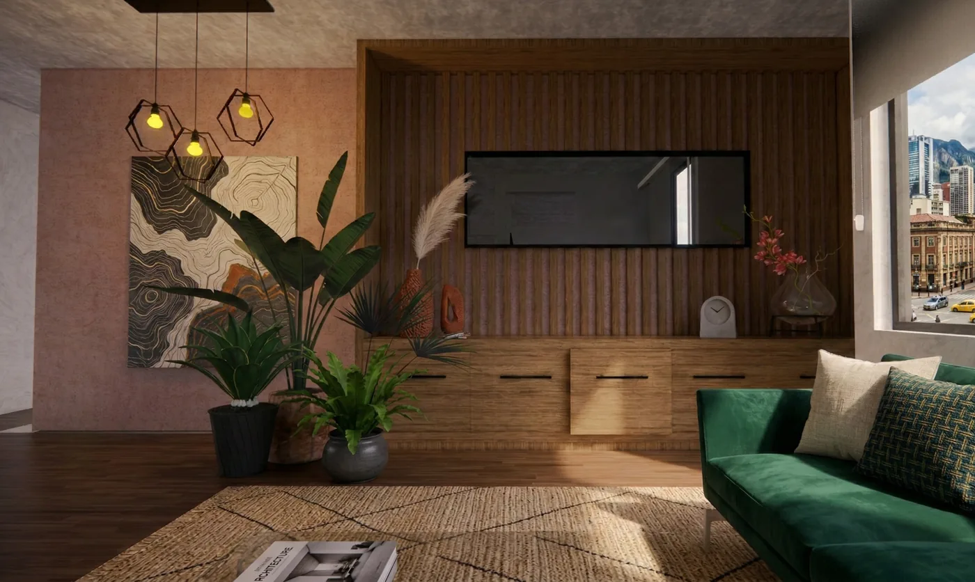 Visualización de diseño interior residencial con acabados en madera, mobiliario contemporáneo y ambiente cálido