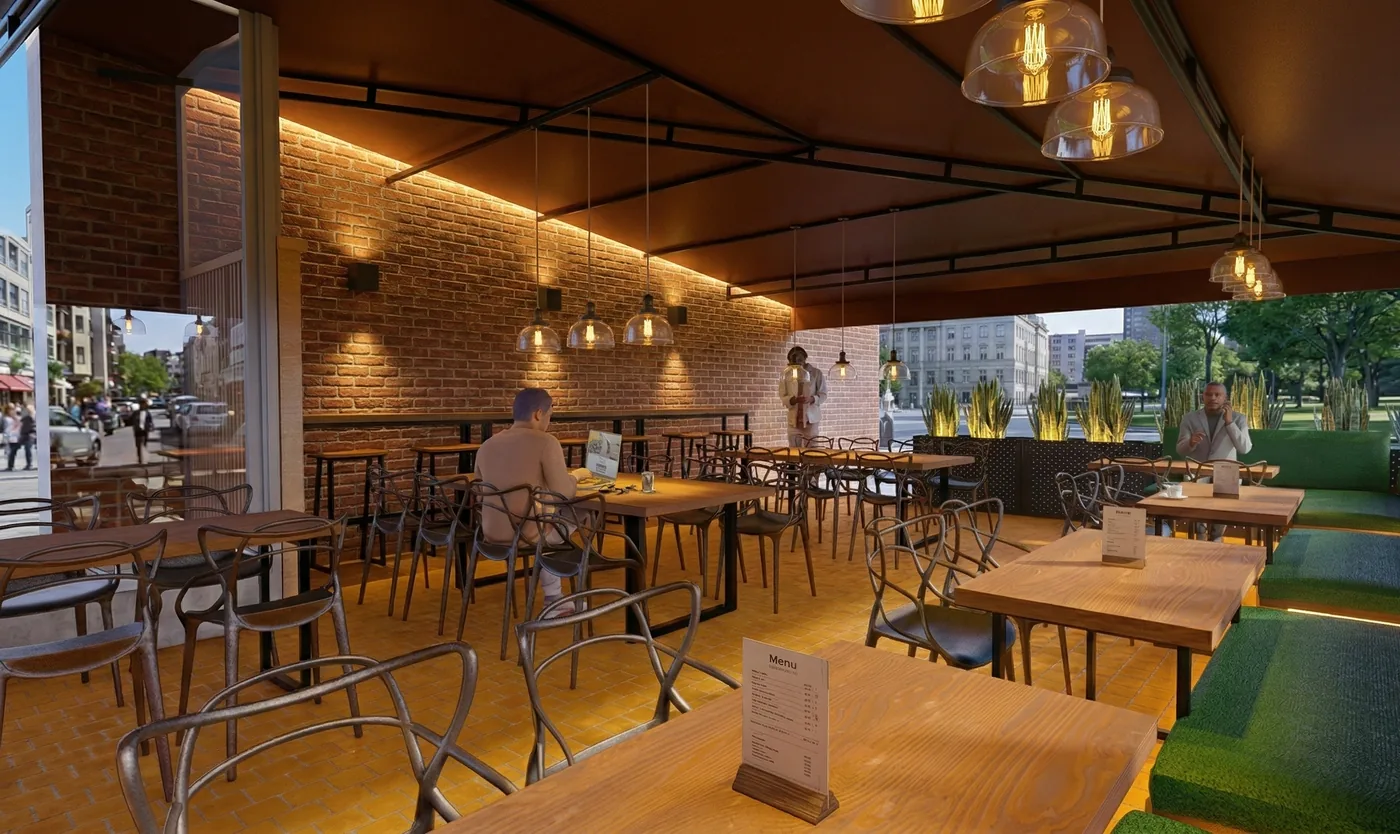 Render de diseño interior para restaurante o bar con mobiliario alto, iluminación cálida y estética contemporánea