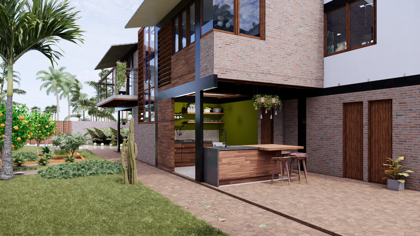 Render exterior de vivienda contemporánea de dos niveles con acabados en ladrillo, madera y áreas verdes