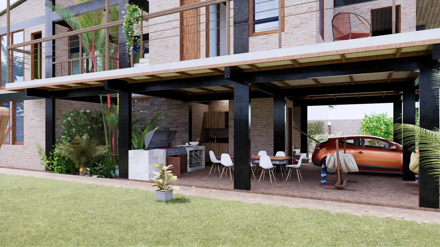 Render arquitectónico de casa campestre con terraza cubierta, pérgola y zonas exteriores integradas