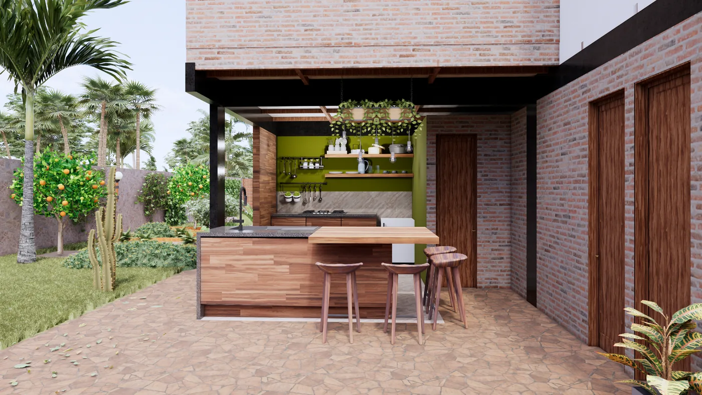 Render de terraza exterior residencial con barra, pérgola en madera y conexión directa con el jardín