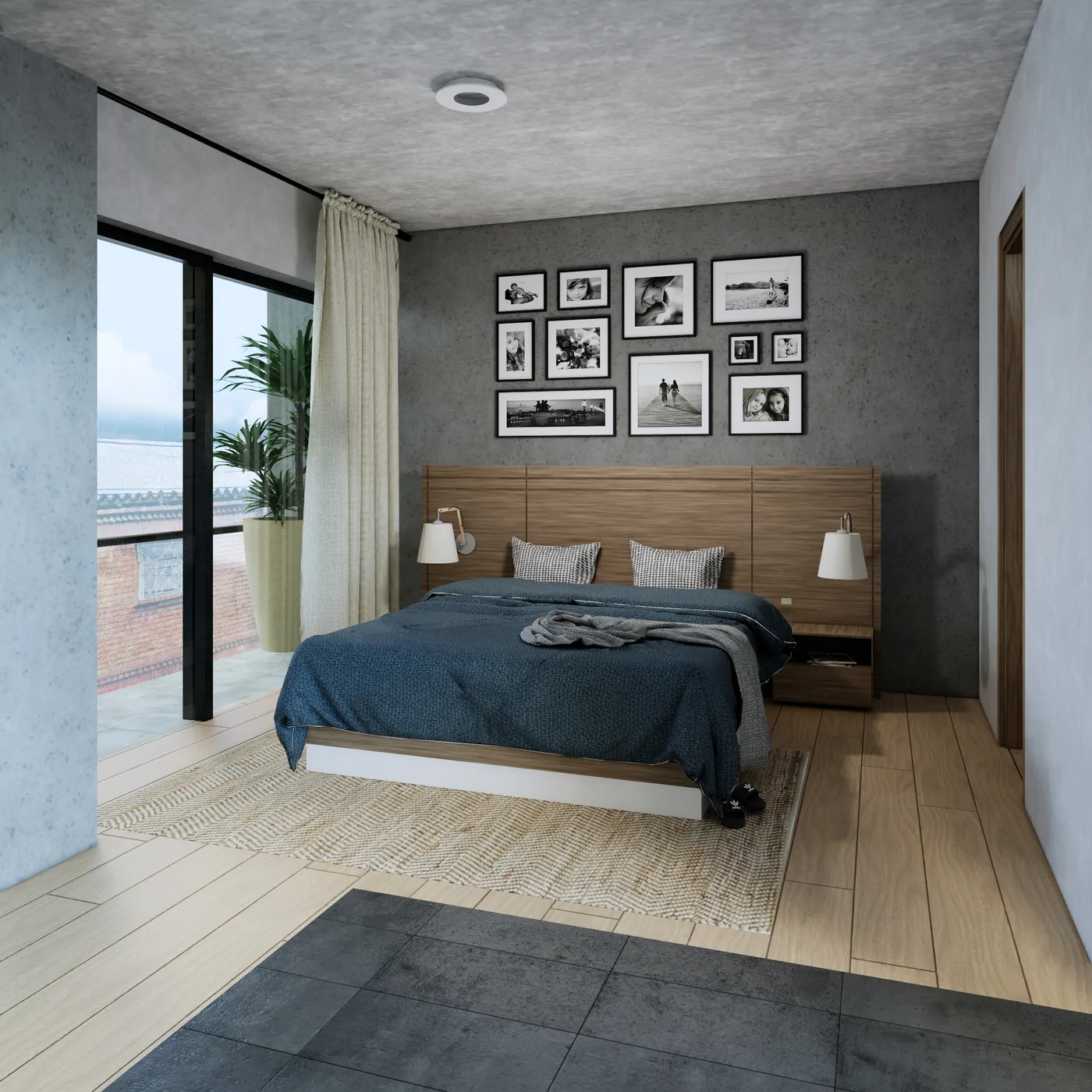 Render interior de habitación principal con diseño contemporáneo, cama central, iluminación cálida y ventanal amplio