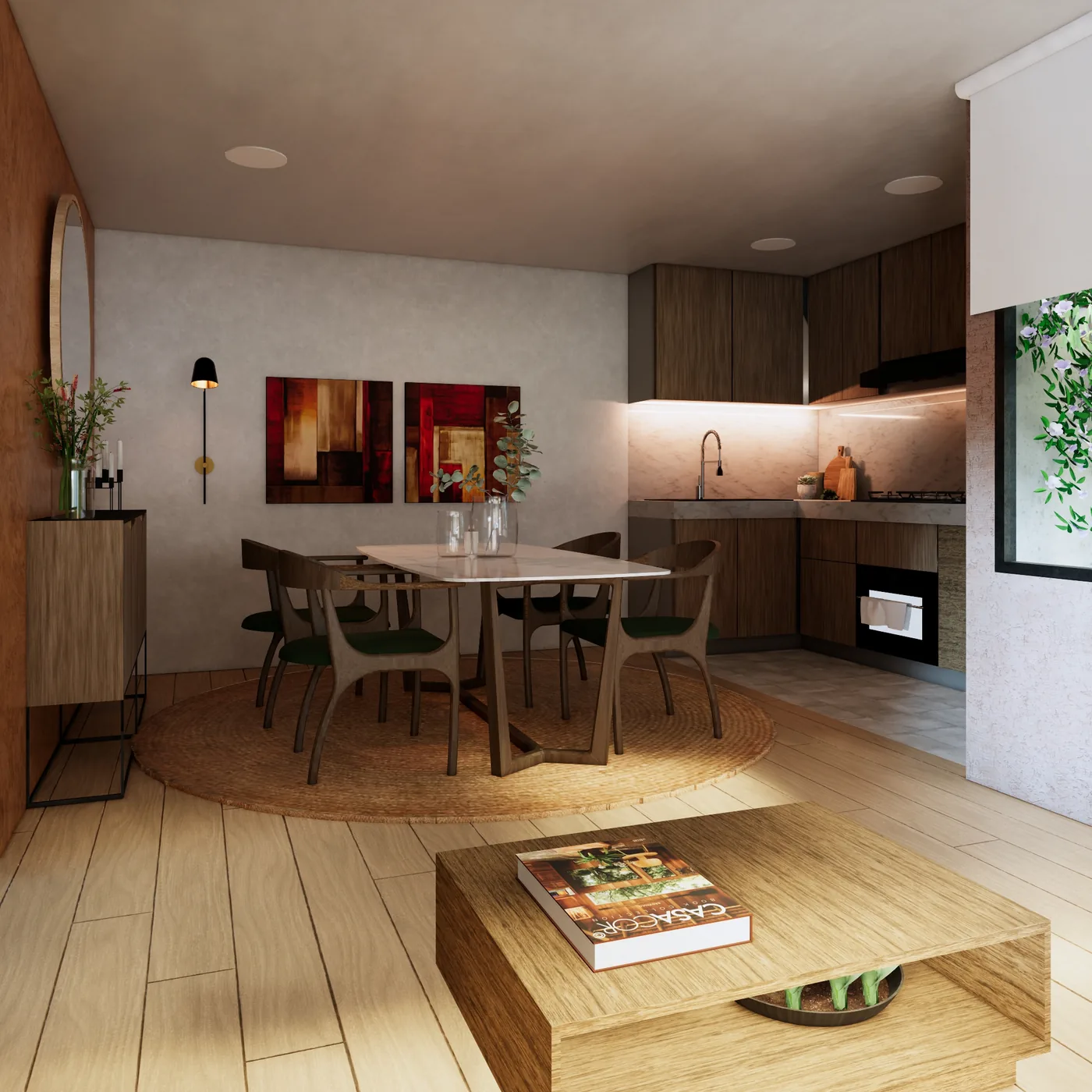 Render interior de espacio integrado de sala, comedor y cocina con acabados modernos y ambiente residencial cálido