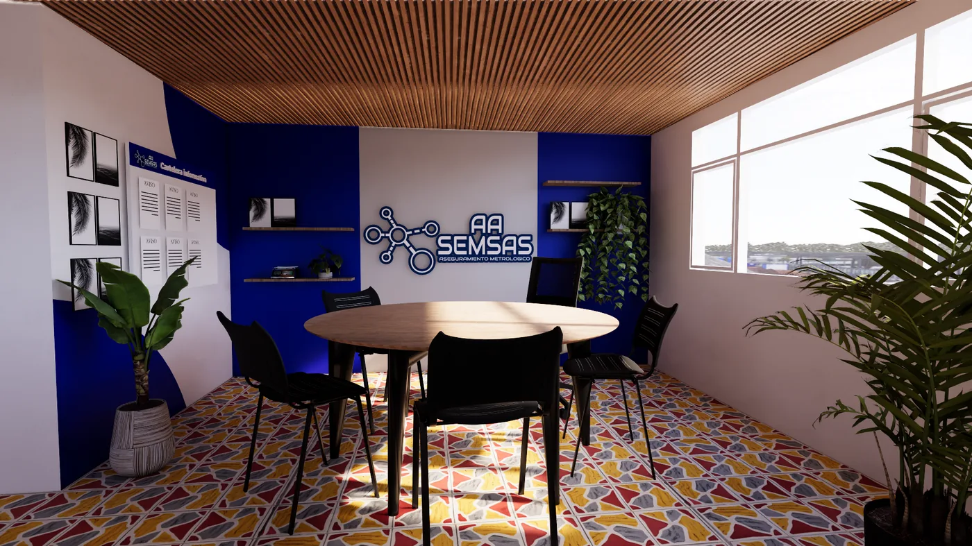Render interior de oficina comercial o sala de atención con branding corporativo, mesa de reuniones y acabados contemporáneos