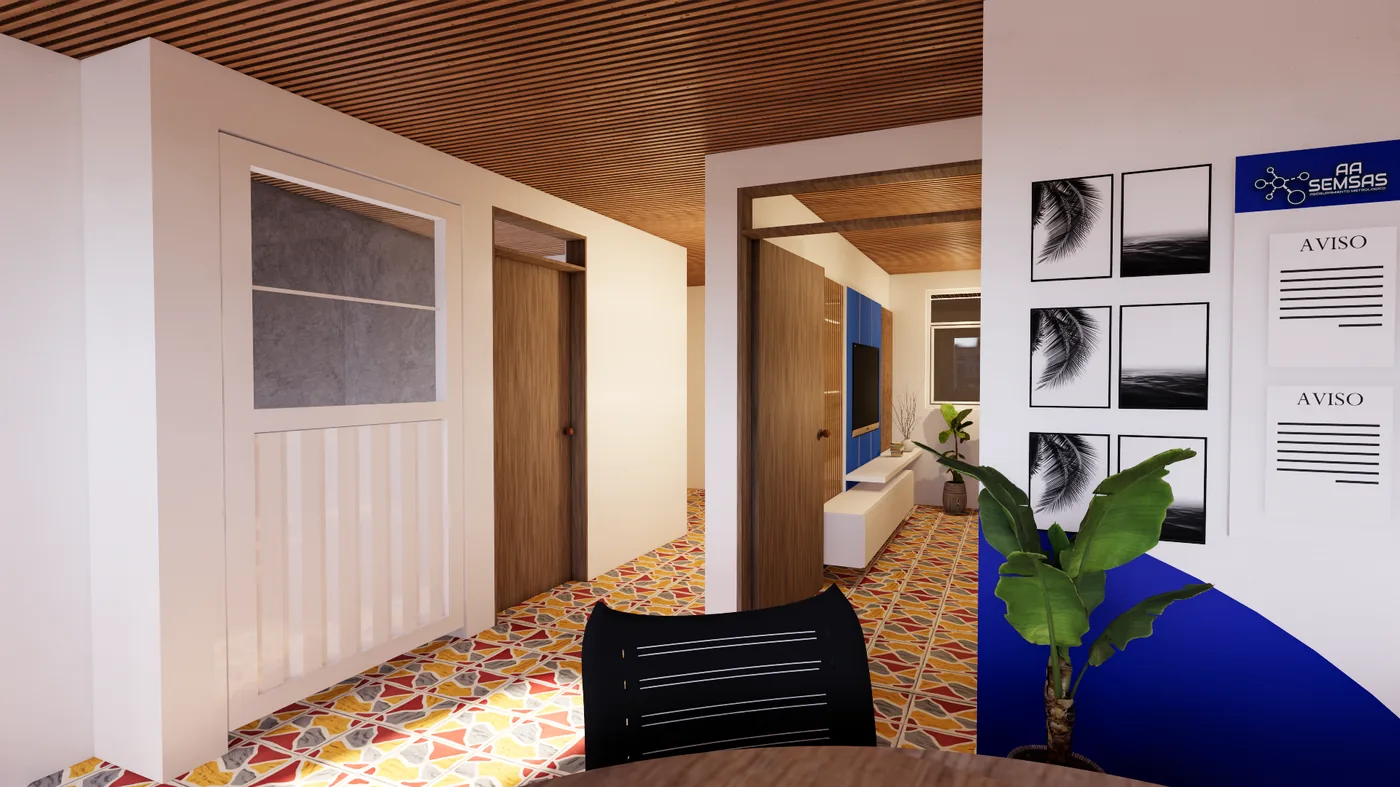Render de adecuación interior de espacio comercial con circulación, mobiliario, señalización y ambientación moderna